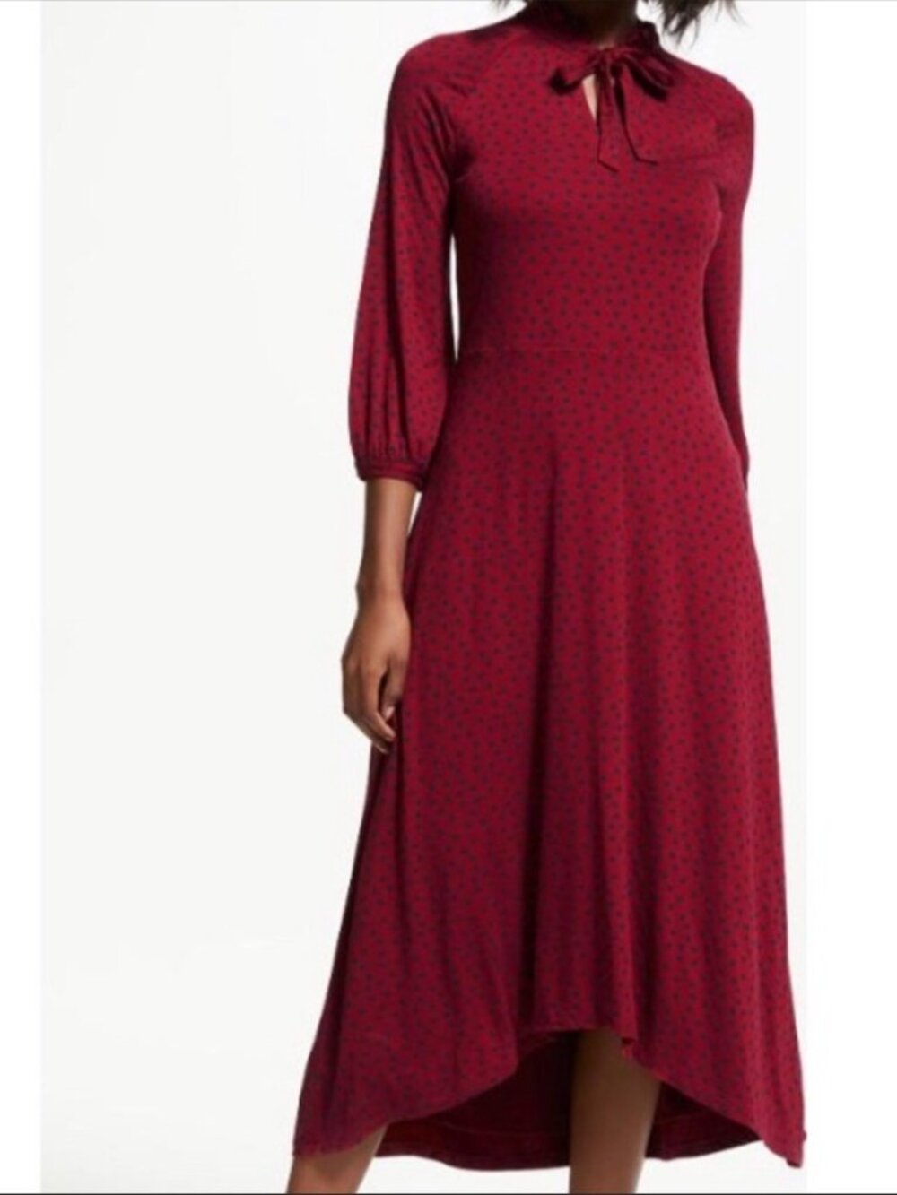 BODEN Rosa Jersey Midi Dress Polka dot Tie neck Maroon Navy SZ 10